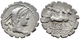 L. Procilius L.f., moneyer. AR Denarius (19mm, 3.5 g) minted at Rome, 80 BC. Head right of Juno Sospita, wearing goat-skin headdress. Reverse: Juno So...