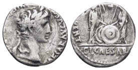 Augustus. Denarius. 7-6 a. C. Lugdunum. (15mm, 3.49 g) Anv.: CAESAR AVGVSTVS DIVI. F. PATER. PATRIE, his laureate head right. Rev.: C.L. CAESARES AVGV...