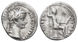 Tiberius. Denarius. 14-37 AD. Lugdunum. (17mm, 3.42 g) Anv.: TI CAESAR DIVI AVG F AVGVSTVS. Laureate head of Tiberius right. Rev.: PONTIF MAXIM. Livia...