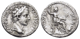 Tiberius. Denarius. 14-37 AD. Lugdunum. (18mm, 3.62 g) Anv.: TI CAESAR DIVI AVG F AVGVSTVS. Laureate head of Tiberius right. Rev.: PONTIF MAXIM. Livia...