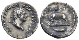 Domitian, as Caesar, 69-81. Denarius (19mm, 3.19 g), Rome, 77-78. CAESAR AVG F DOMITIANVS Laureate head of Domitian to right. Rev. COS V She-wolf stan...