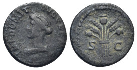 Domitian. AD 81-96. Æ Quadrans (16mm, 2.23 g, 6h). Rome mint. Struck AD 84-85. Draped bust of Ceres left, wearing wreath of grain ears / Bundle of thr...