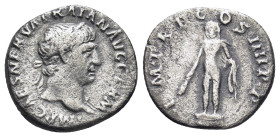 TRAJAN (98-117). Denarius. (16mm, 2.89 g) Rome. Obv: IMP CAES NERVA TRAIAN AVG GERM. Laureate head right. Rev: P M TR P COS IIII P P. Statue of Herakl...