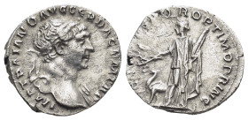 Trajan AR Denarius. (17mm, 3.15 g) Rome, AD 103-111. [IMP TRAIAN]O AVG GER DAC P M TR P, laureate bust right, with drapery over far shoulder / COS V P...