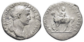 Trajan AR Denarius. (18mm, 3.13 g) Rome, AD 112-113. IMP TRAIANO AVG GER DAC P M TR P COS VI P P, laureate bust right, drapery on far shoulder / SPQR ...