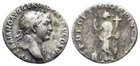 Trajan, 98 - 117 AD Silver Denarius, Rome Mint, (17mm, 2,98 g) Obverse: IMP TRAIANO AVG GER DAC P M TR P COS V P P, Laureate and draped bust of Trajan...