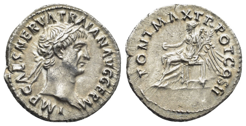 Trajan, 98-117. AR Denarius (18mm, 3.15 g.), Rome mint, AD 98. IMP CAES NERVA TR...