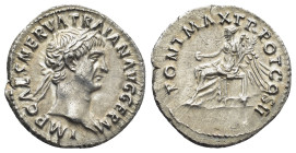 Trajan, 98-117. AR Denarius (18mm, 3.15 g.), Rome mint, AD 98. IMP CAES NERVA TRAIAN AVG GERM, laureate head of Trajan to right. Rev. PONT MAX TR POT ...
