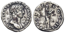 Hadrian (117-138) AR Denarius (18mm, 3,35 g) Rome. Obv: IMP CAESAR TRAIAN HADRIANVS AVG. Laureate bust of Hadrian, right; slight drapery on far should...