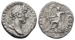 Hadrian (117-138) AR denarius, issued 119-125. Rome, (17mm, 2,99 g). Obv: IMP CAESAR TRAIAN HADRIANVS AVG; Laureate head of Hadrian to right, with sli...