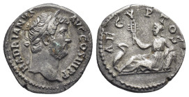 Hadrian, Silver Denarius (17mm, 3.0 g). AD 117-138. Rome, AD 134-138. HADRIANVS AVG COS III P P, laureate head of Hadrian right. Reverse: AEGYPTOS, Ae...