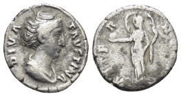 Diva Faustina Senior (AD 138-140/1). AR denarius (16mm, 3.11 g). Rome, AD 141-161. DIVA-FAVSTINA, draped bust of Diva Faustina Senior right, seen from...