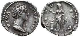 Diva Faustina Senior (AD 138-140/1). AR denarius (17mm, 3,3 g). Rome, after AD 141. DIVA FAVSTINA, draped bust of Diva Faustina right, hair elaboratel...