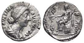 Faustina Junior. Denarius. (17mm, 3,34 g) 161-176 d.C. Rome. Anv.: FAVSTINA AVGVSTA, draped bust to right. Rev.: CERES, Ceres seated to left on cista,...