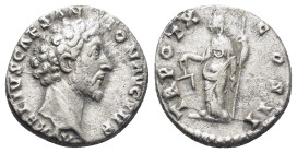 MARCUS AURELIUS (Caesar, 139-161). Denarius. (16mm, 3.45 g) Rome. Obv: AVRELIVS CAES ANTON AVG PII F. Bare head right. Rev: TR POT X COS II. Aequitas ...