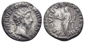 Marcus Aurelius Denarius. (16mm, 2.61 g) 161 AD. IMP M AVREL ANTONINVS AVG, laureate head right / PROV DEOR TR P XV COS III, Providentia standing left...