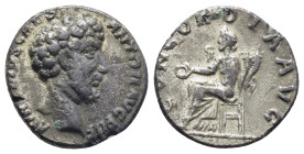 Marcus Aurelius, Caesar, Denarius. (17mm, 3.9 g) 155-156 AD. AVRELIVS CAES ANTON AVG PII F, bare head right / Rev. CONCORDIA AVGG, Concordia seated le...