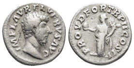 Lucius Verus (AD 161-169). AR denarius (17mm, 3.0 g). Rome, December AD 161-December AD 162. IMP L AVREL VERVS AVG, bare head of Lucius Verus right / ...