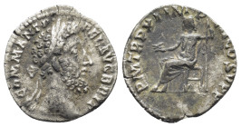 Commodus AR Denarius. (17mm, 1,83 g) Rome, AD 185. M COMM ANT P FEL AVG BRIT, laureate head right / P M TR P XI IMP VII COS V P P, Jupiter seated left...