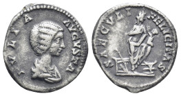 Julia Domna, AD 193-217. AR, Denarius. (17mm, 2.43 g). Rome. Obv: IVLIA AVGVSTA. Bust of Julia Domna, hair waved and coiled at back, draped, right. Re...