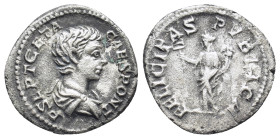 Geta as Caesar, AD 198-209. AR, Denarius. (18mm, 2,81 g). Rome. Obv: P SEPT GETA CAES PONT. Bust of Geta, bare-headed, draped, right. Rev: FELICITAS P...