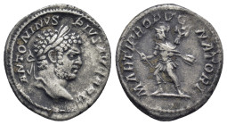 Caracalla AR Denarius 210 - 213 AD (19mm, 3.56 g) Rome Mint; Obv: ANTONINVS PIVS AVG BRIT, Head of Caracalla, laureate, bearded, right / Rev:MARTI PRO...