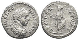 Elagabalus. AD 218-222. AR Denarius (18mm, 2.17 g). Antioch mint. Struck AD 219-220. Laureate, draped, and cuirassed bust right / SPEI PER PETVAE, Spe...