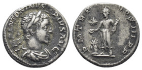 Elagabalus. Denarius. 221 d.C. Rome. (17mm, 3.0 g) Anv.: IMP ANTONINVS PIVS AVG. Laureate, horned and draped bust right. Rev.: P M TR P IIII COS III P...