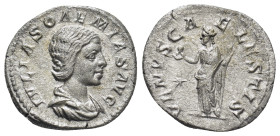 Julia Soaemias; Rome, 220-221 AD, Denarius, (19mm, 2.87 g) Obv: IVLIA SOAEMIAS AVG Bust draped r. Rx: VENVS CAE - LESTIS Venus standing l. holding app...