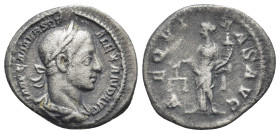 Severus Alexander. AD 222-235. AR Denarius (18mm, 2,81 g). Rome mint. AD 226. Laureate and draped bust right / Aequitas stading facing, head left, hol...