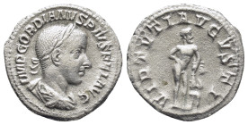 Gordian III. A.D. 238-244. AR denarius (19mm, 2,42 g). Rome mint, A.D. 240-243. IMP GORDIANVS PIVS FEL AVG, Laureate and draped bust of Gordian III ri...