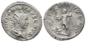 Philip II. As Caesar, AD 244-247. AR Antoninianus (20mm, 2.83 g). Rome mint. 4th emission of Philip I, AD 245. Radiate and draped bust right, seen fro...