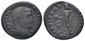 Maximinus II Æ Nummus. (21mm, 4.66 g) Heraclea, AD 312. IMP C GAL VAL MAXIMINVS P F INV AVG, laureate head right / IOVI CONSERVATORI, Jupiter standing...