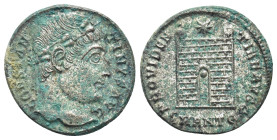 Constantine I (307/310-337). Æ Follis (19mm, 3.6 g). Antioch, 326-327. Laureate head r. R/ Camp-gate with no doors and two turrets, star above; SMANTE...