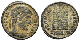 Constantine I Æ Nummus. (19mm, 2.48 g) Antioch, AD 327-328. CONSTANTINVS AVG, laureate diademed bust right / PROVIDENTIAE AVGG, camp gate, two turrets...
