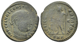 Constantine I Æ Nummus. (22mm, 2.9 g) Cyzicus, AD 313-315. IMP C FL VAL CONSTANTINVS P F AVG, laureate head right / IOVI CONSERVATORI, Jupiter standin...