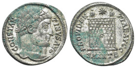 Constantine I. AD 307/310-337. Æ Follis (20mm, 3.52 g). Antioch mint, 2nd officina. Struck AD 326-327. Laureate head right / Camp gate surmounted by t...