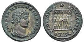 Constantine II, as Caesar, Æ Nummus. (18mm, 3.21 g) Siscia, AD 328-329. CONSTANTINVS IVN NOB C, laureate bust right / PROVIDENTIAE CAESS, camp gate wi...