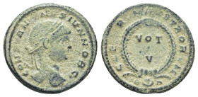 Constantine II, as Caesar. AE (18mm, 3.43 g) (Arles, 321 AD. CONSTANTINVS IVN NOB C, Laureated head right / CAESARVM NOSTRORVM, Laurel wreath enclosin...