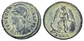 City Commemorative AE (18mm, 2.15 g) Struck under Constantine I. Nicomedia, AD 330-335. Laureate and helmeted bust of Constantinopolis to left, wearin...
