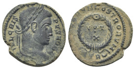 Crispus, as Caesar, Æ Nummus. (19mm, 3.5 g) Treveri, AD 323/4. IVL CRISPVS NOB C, laureate head right / CAESARVM NOSTRORVM, VOT X within wreath in two...