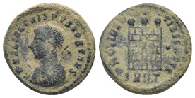 Crispus, Caesar (Costantinus I, 306-337), Nummus, Heraclea, AD 318-320; AE (19mm, 3.57 g); DN FL IVL CRISPVS NOB CAES, laureate, draped bust l., holdi...