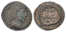 Constantius II (AD 337-361). Antioch AE Bronze (14mm 1,21 g) Obv: D N CONSTAN-TIVS P F AVG. Diademed head of Constantius II to right. Rev. VOT / XX / ...
