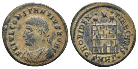 Constantius II Æ Nummus. (19mm, 2.81 g) Heraclea, AD 325-6. FL IVL CONSTANTIVS NOB C, laureate, draped and cuirassed bust left / PROVIDENTIAE CAESS, c...