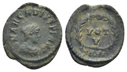 Arcadius (383-408). Æ (14mm, 1.25 g). Cyzicus, 378-383. Pearl-diademed, draped and cuirassed bust r. R/ VOT V within wreath; SMKA.