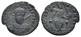 Honorius AD 393-423. Constantinople Follis Æ (16mm., 2,51 g). DN HONORIVS PF AVG, helmeted, diademed, cuirassed facing bust, spear across right should...