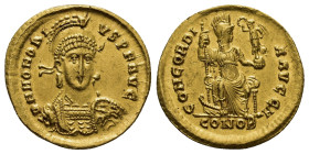 Honorius, Western Roman Empire (AD 393-423). AV solidus (19mm, 4.54 g). Constantinople, 8th officina, ca. AD 397-402. D N HONORI-VS P F AVG, pearl-dia...