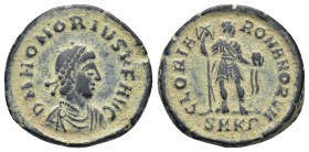 Honorius. AD 393-423. Æ (21mm, 4.77 g) Follis DN HONORIVS PF AVG. Pearl-diademed, draped and cuirassed bust right. / GLORIA ROMANORVM / SMKΓ. Honorius...