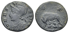 City Commemorative. A.D. 330-335. AE (2.26 Gr. 16mm.).
Mantled bust of Roma left wearing crested helmet 
Rev. Two stars above she-wolf standing left, ...