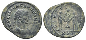 Carinus. A.D. 283-285. BI antoninianus (3 Gr. 19mm.). Antioch mint
Radiate, draped and cuirassed bust of Carinus right 
Rev. Carinus in military garb ...